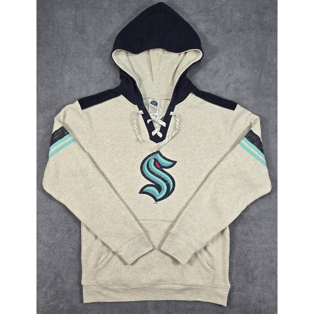 NHL Seattle Kraken Lace Up Hoodie Mens Medium Cream Blue Lacer Jersey Sweatshirt - Picture 3 of 13